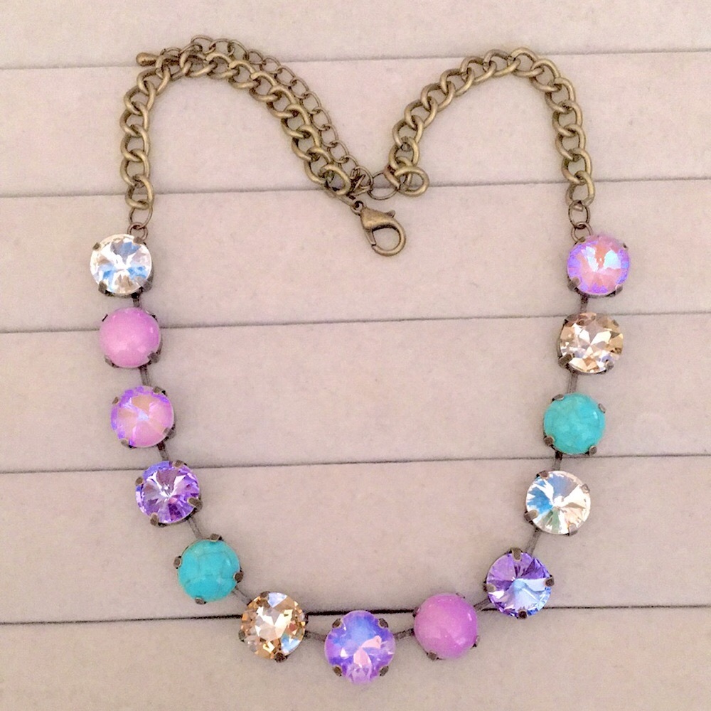 Turquoise, Lilac Purple Opal AB + Champagne Topaz Antique Brass Crystal Necklace - Picture 5 of 14